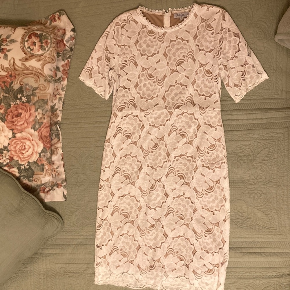 White lace, short sleeved dress